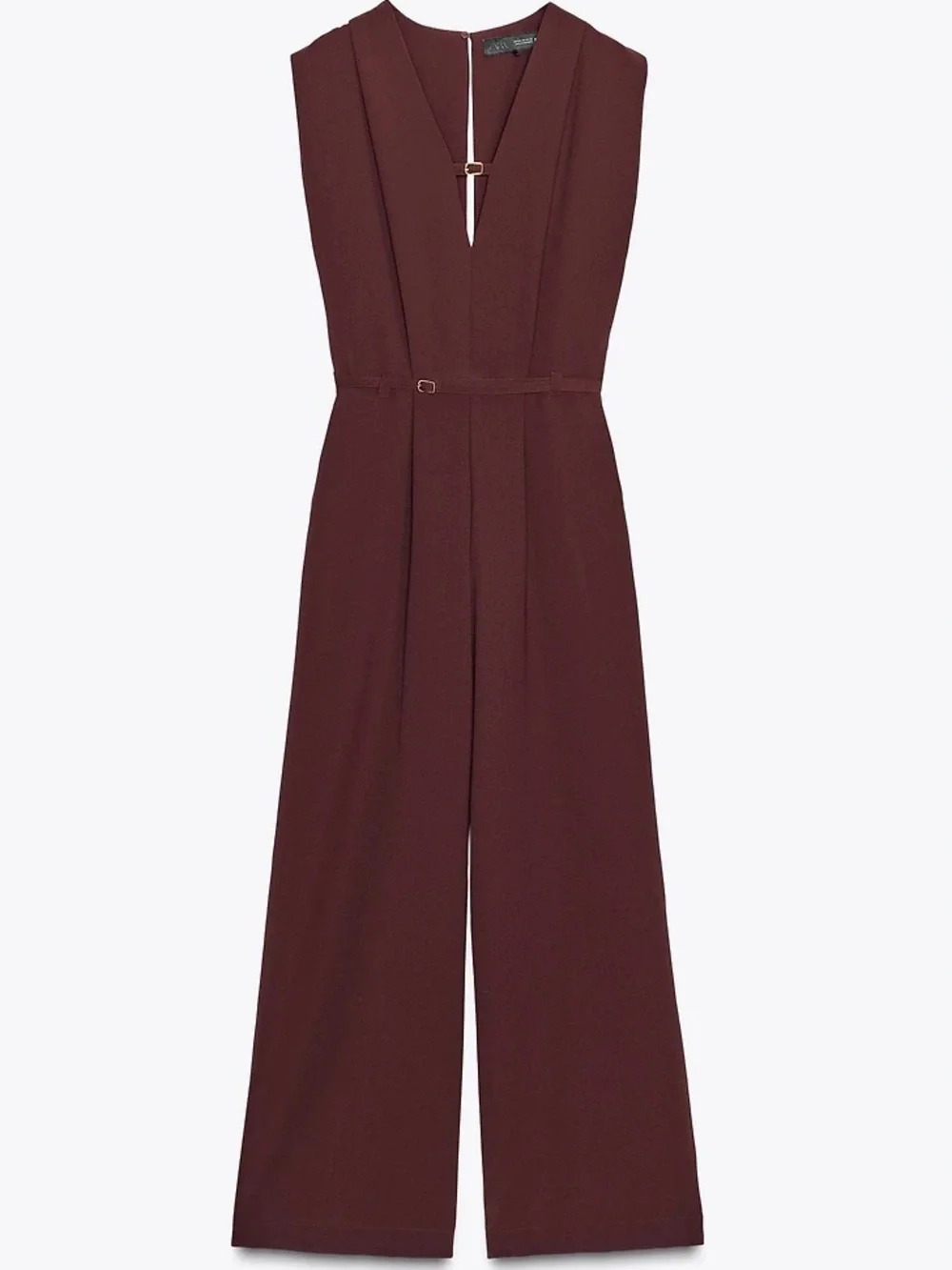 Zara Wide-Leg Belted Jumpsuit Maroon Size Small Elegant V-Neck Wide Leg - Picture 4 of 16